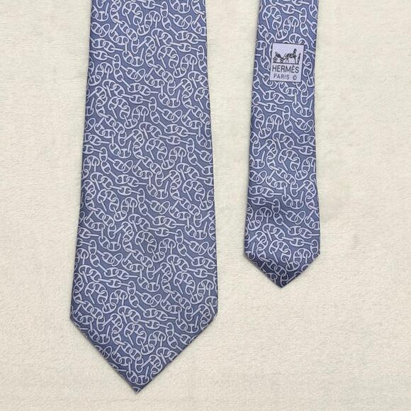 Hermes Mens Silk Tie Blue White Anchor Chain Chaine d'Ancre Print France 5186 IA - Picture 5 of 6